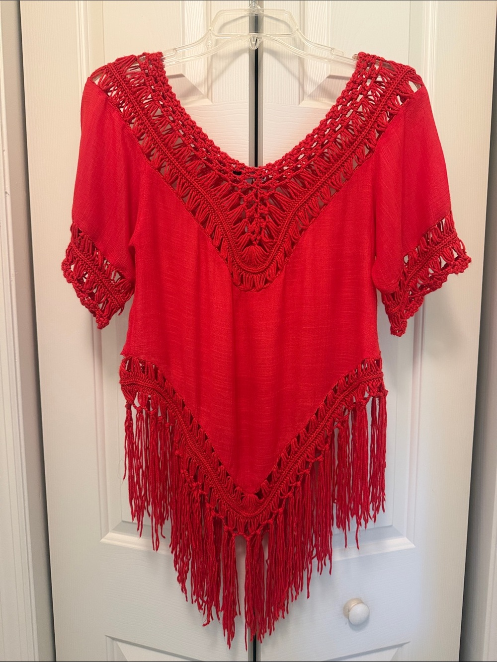 Women's Red Crochet Fringe V-Neck Tunic Top
